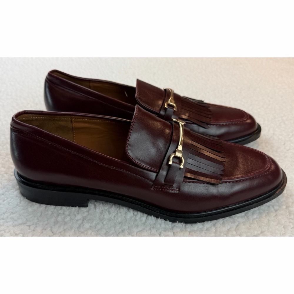 ZARA • Burgundy Leather Fringe Loafers w/ Gold Horsebit Hardware, EU 40 (US 9) - Picture 7 of 16